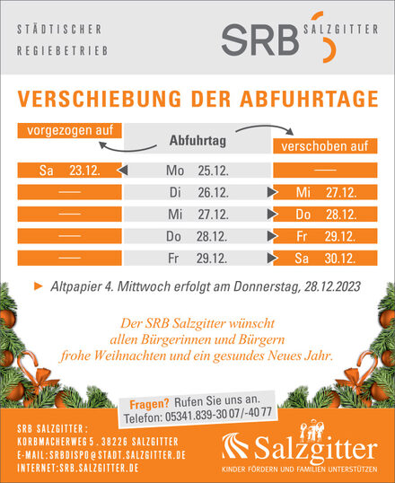 Übersicht der Abfuhrtage an Weihnachten.