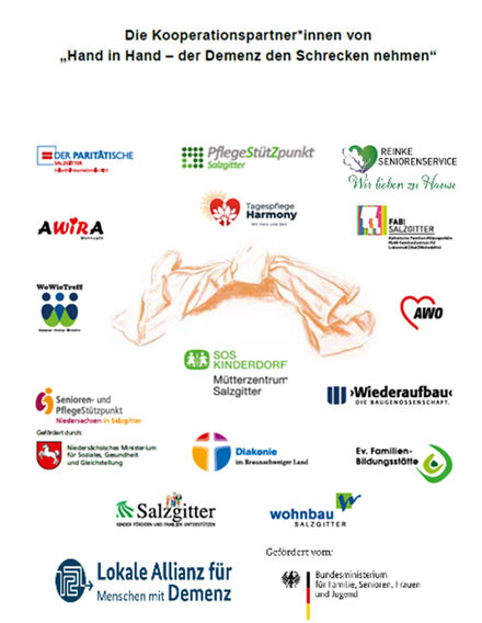 Auf dem Foto sind die Logos von allen Kooperationspartner/innen von "Hand in Hand - der Demenz den Schrecken nehmen" zu sehen.